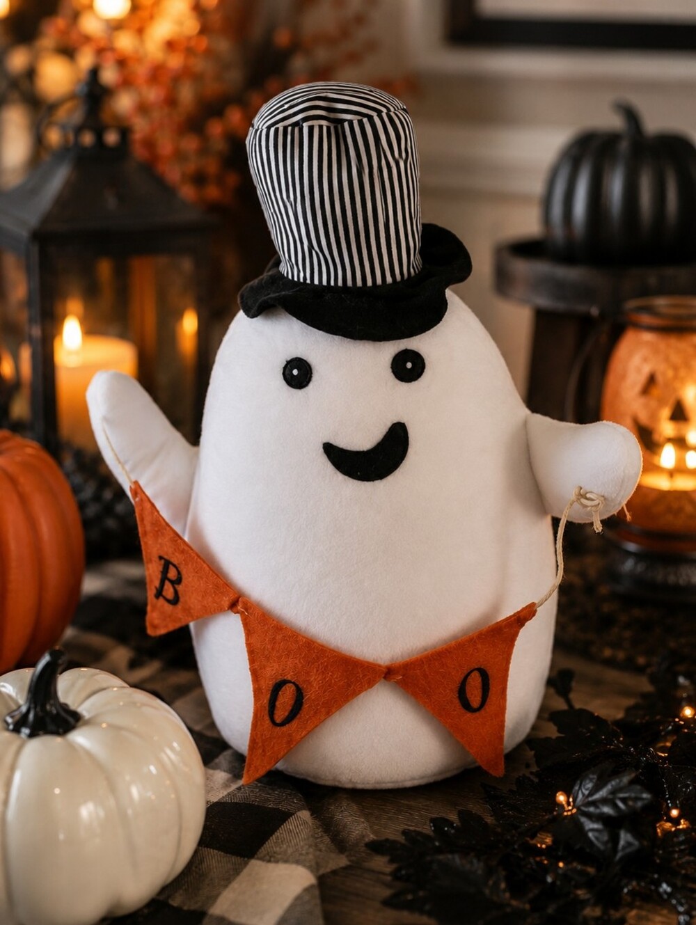 Halloween Boo Ghost Plush Decor with Top Hat Weighted Shelf Sitter 17"